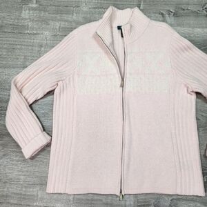LAUREN RALPH LAUREN Light Pink White Zip Up Wool Sweater 1X